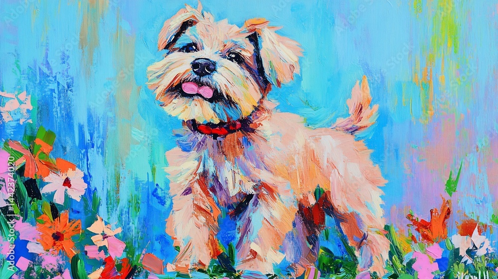 Playful schnauzer puppy in vibrant floral field, expressive eyes, happy panting, colorful artistic painting style.