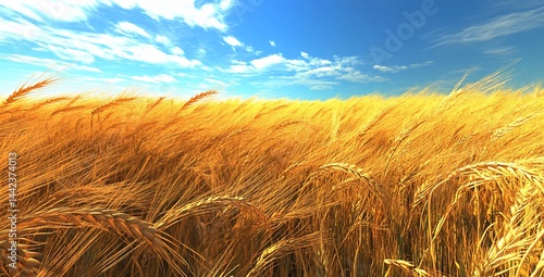 Golden wheat field under a bright blue sky with fluffy white clouds.