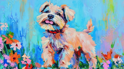 Obraz na płótnie Playful schnauzer puppy in vibrant floral field, expressive eyes, happy panting, colorful artistic painting style. w salonie