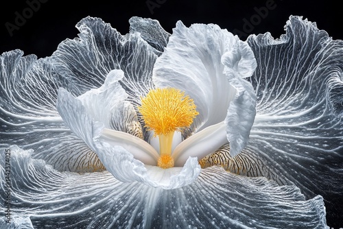 Obraz na płótnie Close-up of a white iris flower with yellow stamen, showcasing intricate details and textures against a black background. w salonie