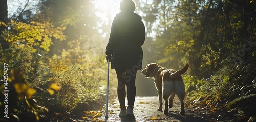 Woman with cane and dog walking on autumn path.