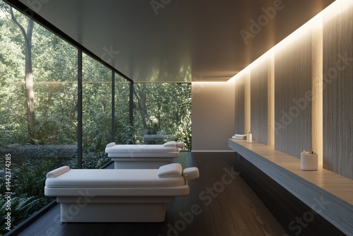 Modern spa room with two massage tables near large window overlooking lush green trees.