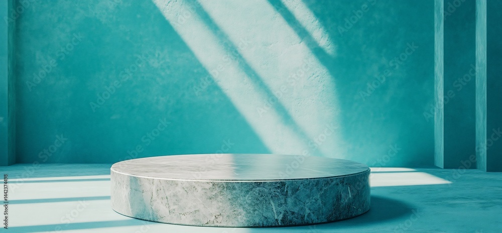 Sunlit stone pedestal on teal backdrop.