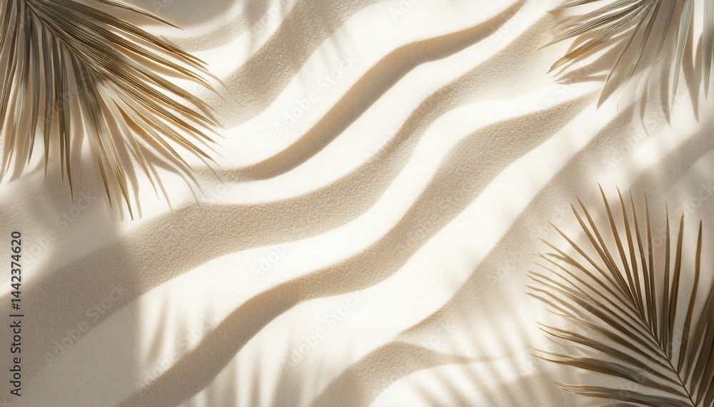 Palm leaves cast shadows on wavy sand, creating a minimalist summer aesthetic.