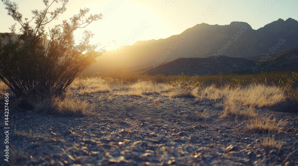 Obraz premium A vibrant golden sunset illuminates a desert landscape with mountains