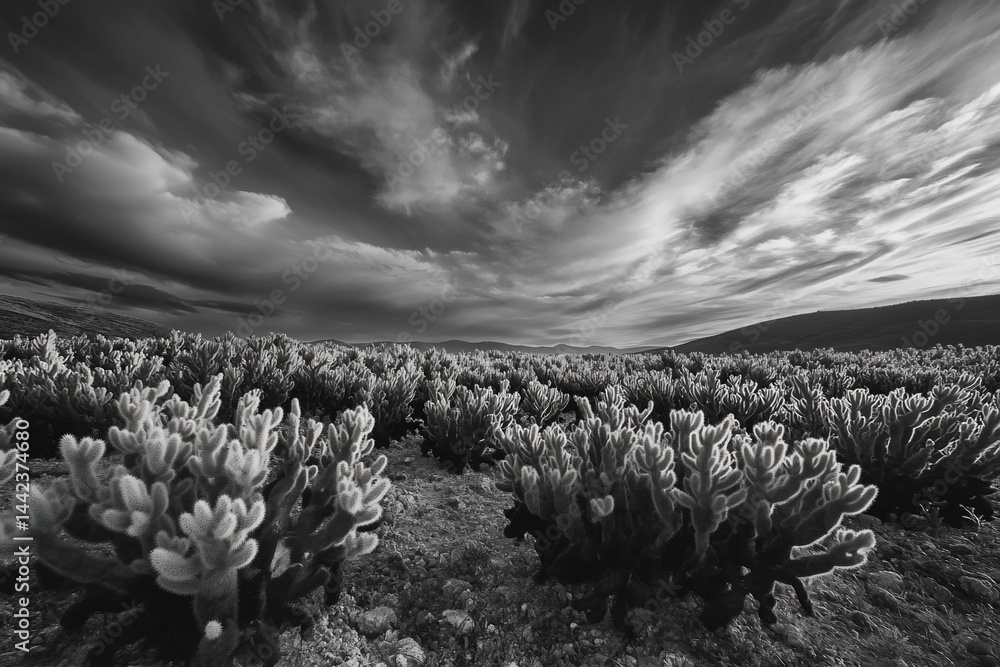 Dramatic black and white landscape photo of a vast field of cacti under a stormy sky.