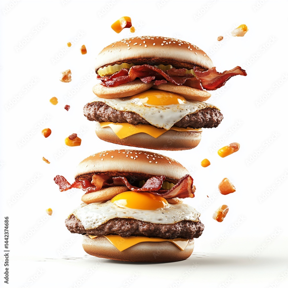 Two delicious bacon and egg cheeseburgers levitating against a white background, with burger crumbs floating around them.