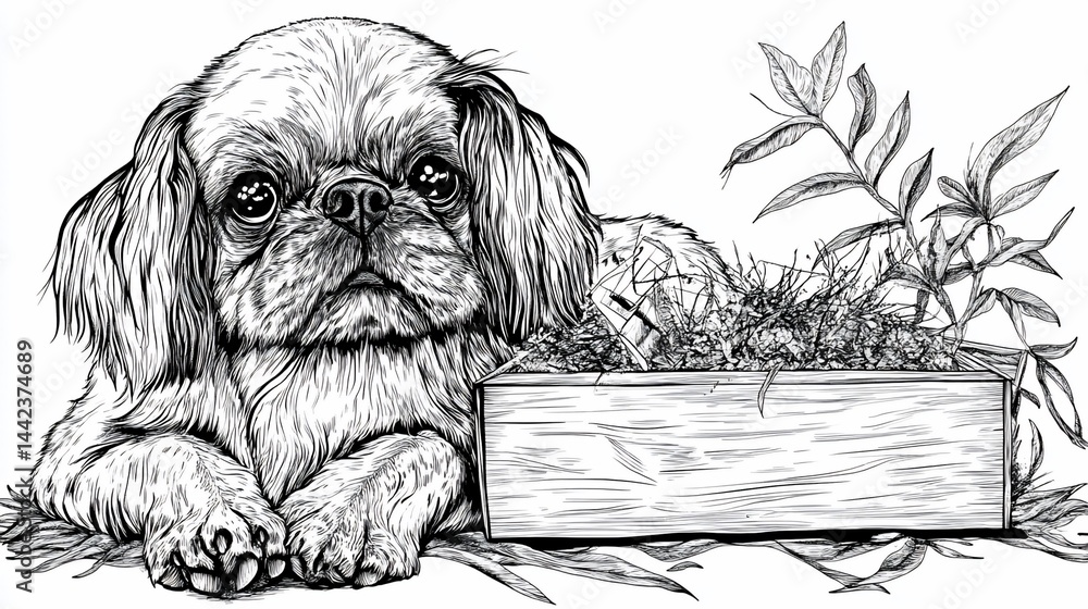 Line art drawing of a Shih Tzu puppy lying near a plant in a wooden box.