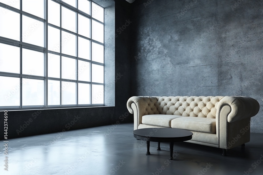 Modern cream sofa and coffee table in a minimalist industrial loft apartment interior with large window.