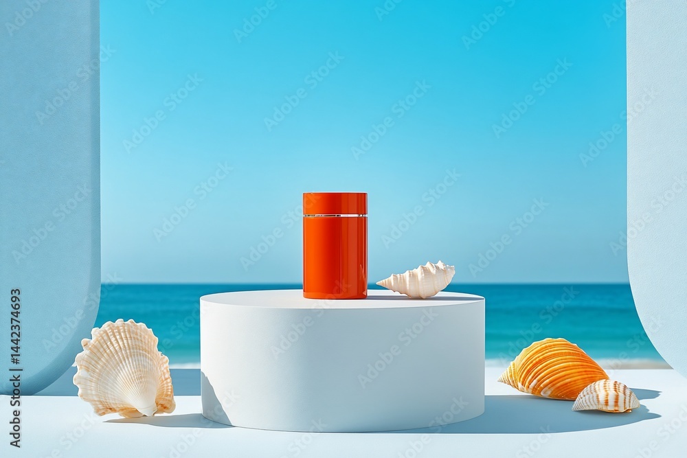 Orange sunscreen bottle on white podium with seashells, ocean background.
