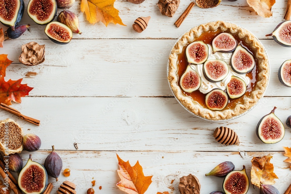 Autumn fig tart with walnuts, honey, and cinnamon on white wood.