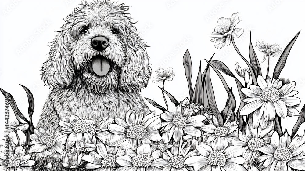 Happy doodle dog in a field of daisies.