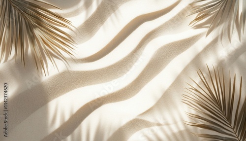 Obraz na płótnie Palm leaves cast shadows on wavy sand, creating a minimalist summer aesthetic. w salonie