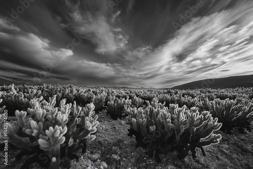 Obraz na płótnie Dramatic black and white landscape photo of a vast field of cacti under a stormy sky. w salonie