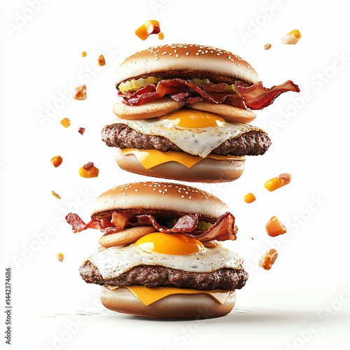 Obraz na płótnie Two delicious bacon and egg cheeseburgers levitating against a white background, with burger crumbs floating around them. w salonie