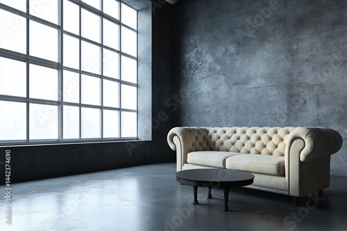 Obraz na płótnie Modern cream sofa and coffee table in a minimalist industrial loft apartment interior with large window. w salonie