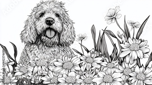 Obraz na płótnie Happy doodle dog in a field of daisies. w salonie