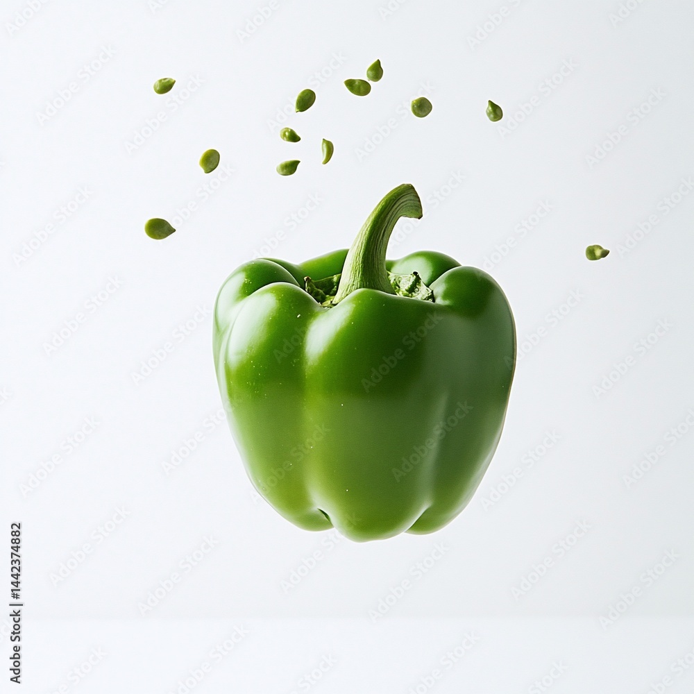 A vibrant green bell pepper levitates against a white backdrop, with its seeds floating in mid-air.