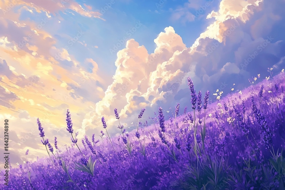 Vibrant lavender field at sunset under a dramatic sky.
