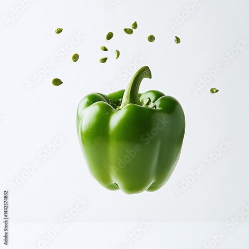 Obraz na płótnie A vibrant green bell pepper levitates against a white backdrop, with its seeds floating in mid-air. w salonie