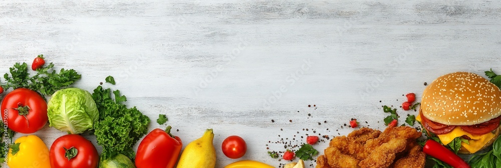 Fresh vegetables, fried chicken strips, and burger on marble background.