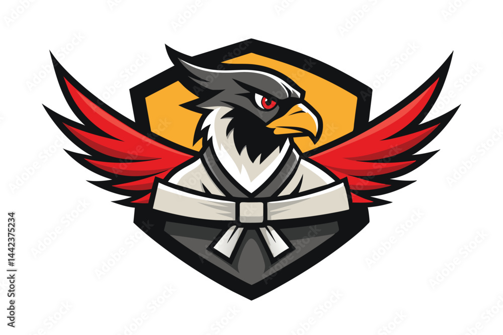 Obraz premium Modern stylized logo featuring a hawk wearing a martial arts uniform with bold red wings. Ideal for branding sports teams, martial arts clubs, or adventure groups.