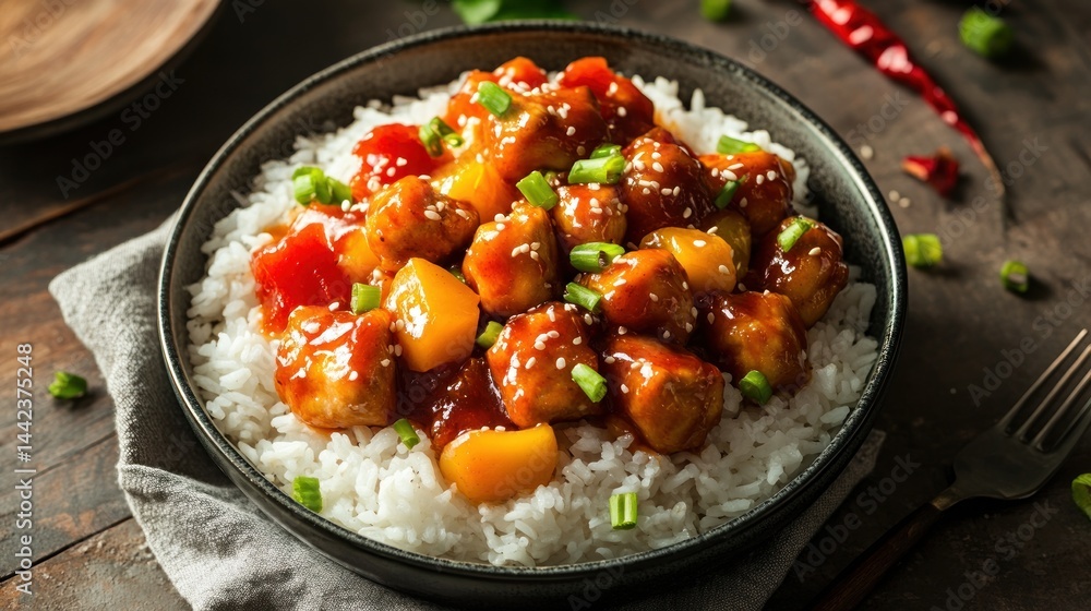 Sweet and sour chicken over rice Sweet and sour chicken over rice