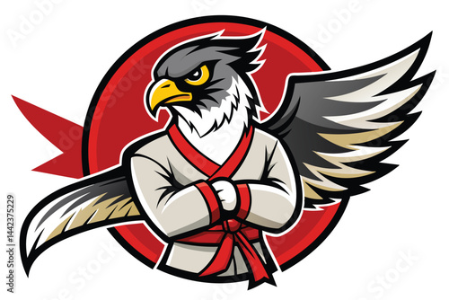 Illustration of a powerful falcon wearing a martial arts uniform and red belt, symbolizing strength and discipline with bold colors and dynamic posture.