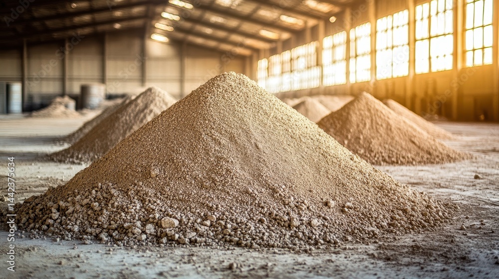 Piles of Construction Material in a Bright Industrial Warehouse