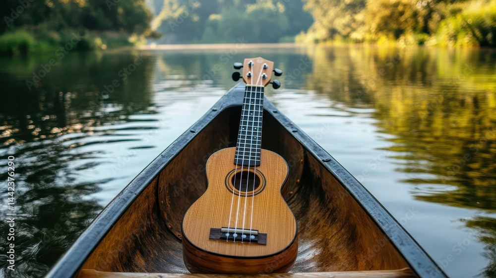 Ukulele on Canoe in Tranquil River Setting in Golden Hour Light