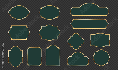 Luxury vintage labels with gold decorative frame and deep green background. Classic badge for premium branding, elegant packaging and product tags. Vector designs set with blank space