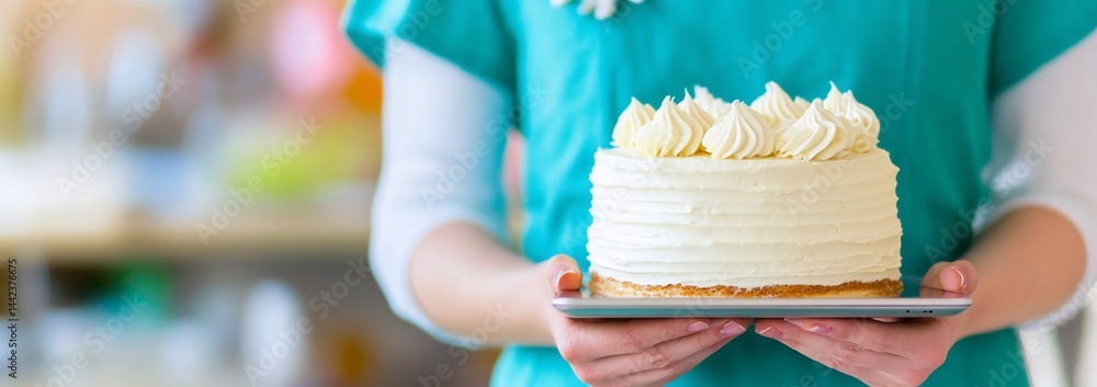 Person holding a delicious vanilla cake on a tablet.