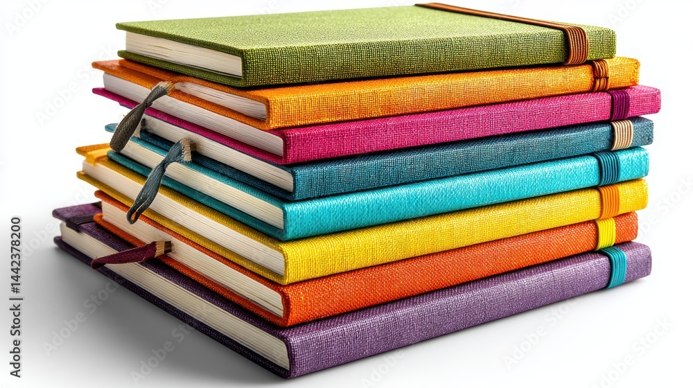 a set of colorful notebooks on a white isolated background, organized and creative design a set of colorful notebooks on a white isolated background, organized and creative design