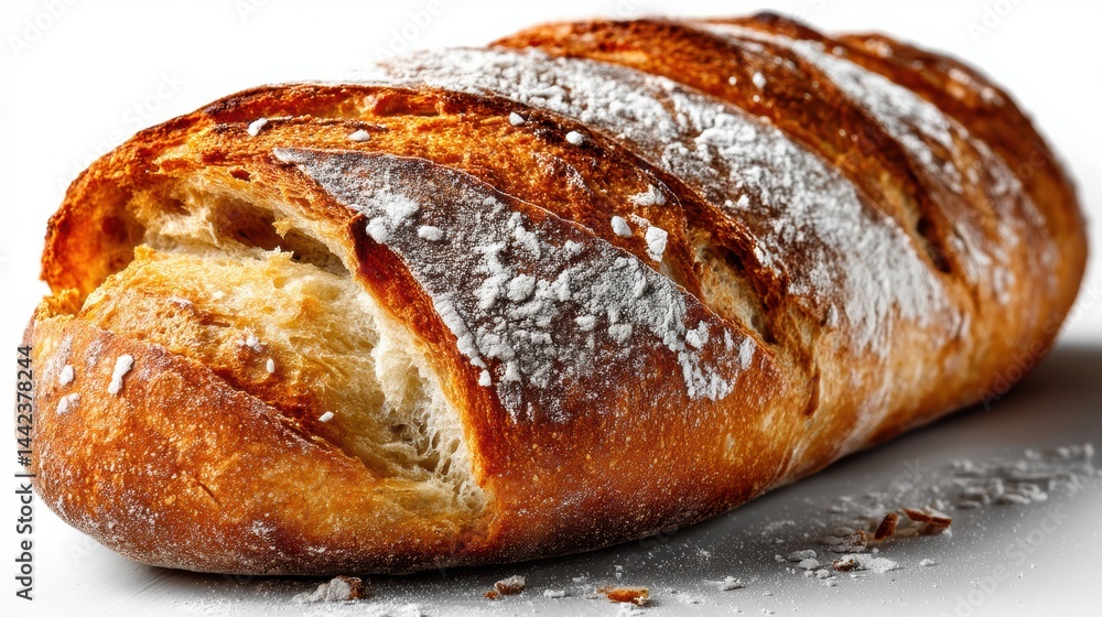 a fresh baked loaf of sourdough bread on a white isolated background, rustic and delicious look a fresh baked loaf of sourdough bread on a white isolated background, rustic and delicious look