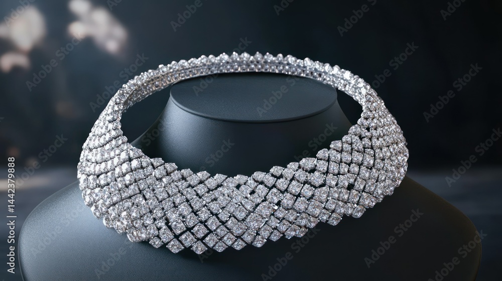 Fototapeta premium A sparkling diamond necklace displayed on a black presentation bust