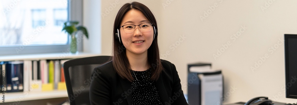 Smiling Asian woman in headset at office desk.