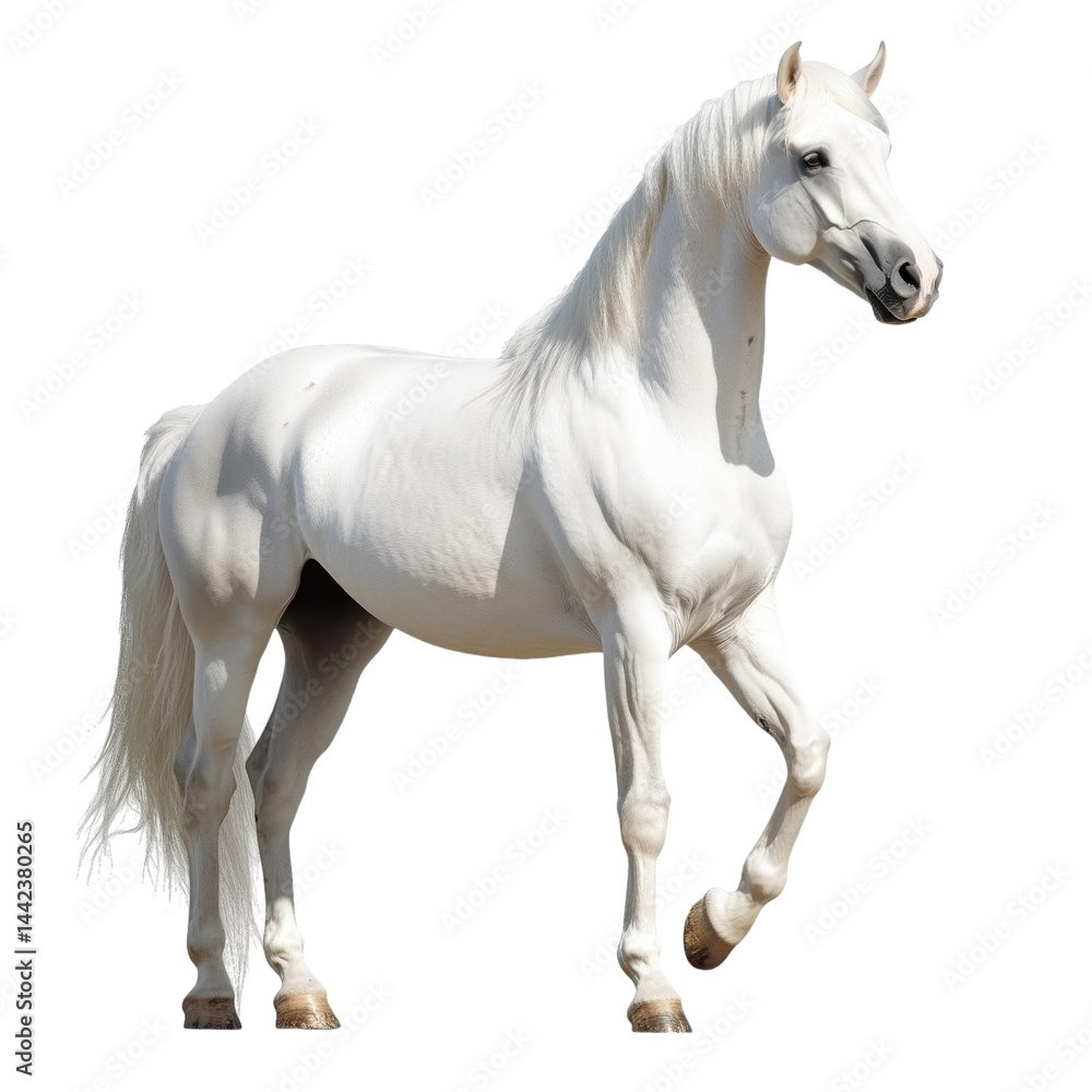 Obraz premium Side view of a white horse, standing calmly, cut out, isolated on a transparent background, no shadow