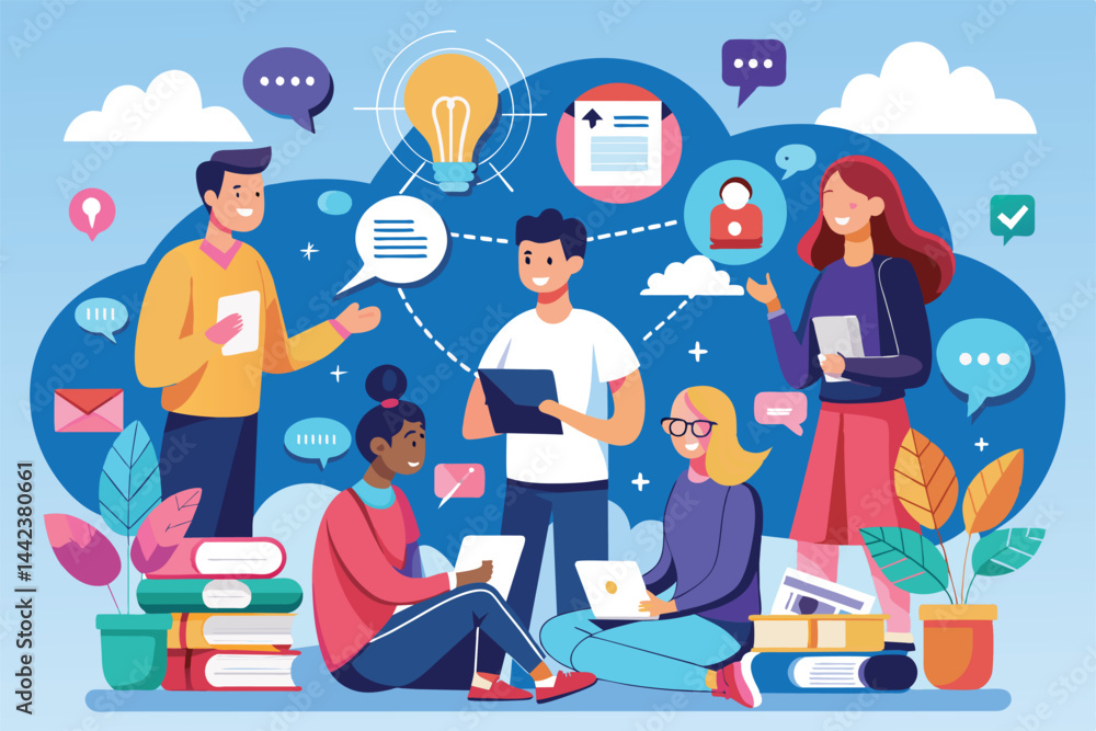Illustration of a diverse team engaging in a collaborative brainstorming session, symbolizing ideas, teamwork, and creativity in a modern workspace setting. Illustration of a diverse team engaging in a collaborative brainstorming session, symbolizing ideas, teamwork, and creativity in a modern workspace setting.