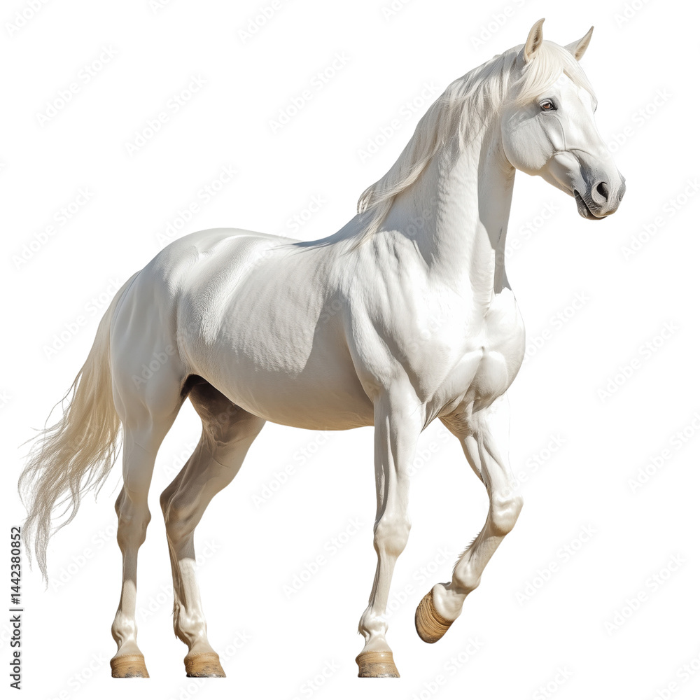 Obraz premium Side view of a white horse, standing calmly, cut out, isolated on a transparent background, no shadow