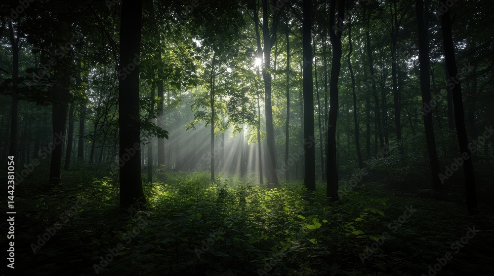 Obraz premium A forest with tall trees and a path through the undergrowth.