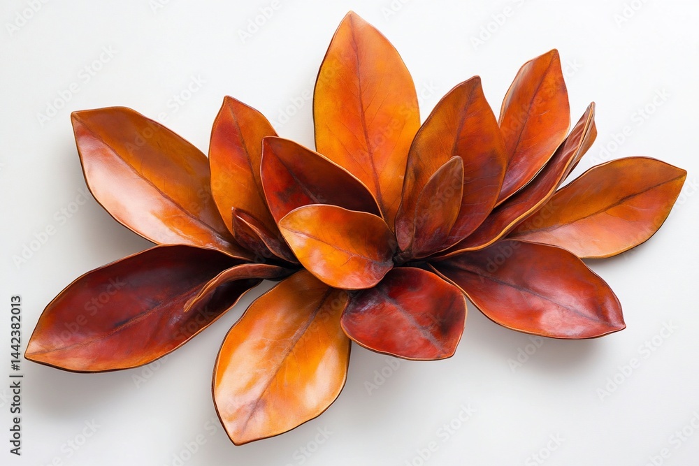 Abstract art piece featuring a cluster of intricately crafted, orange and red leaves, arranged in a layered, floral-like formation against a stark white background.