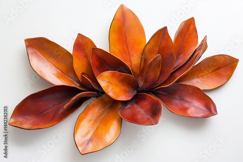 Obraz na płótnie Abstract art piece featuring a cluster of intricately crafted, orange and red leaves, arranged in a layered, floral-like formation against a stark white background. w salonie