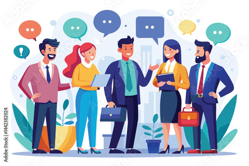 Illustration of a diverse business team energetically conversing with speech bubbles, showcasing collaboration and teamwork in a vibrant office setting.