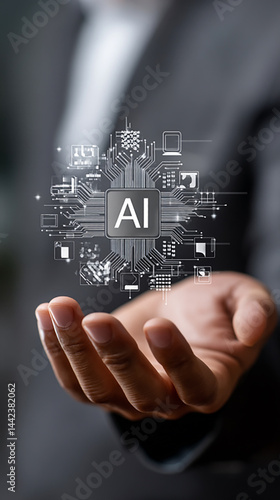 Businessman holding an artificial intelligence chip with the text 