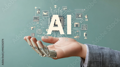 Businessman holding an artificial intelligence chip with the text 