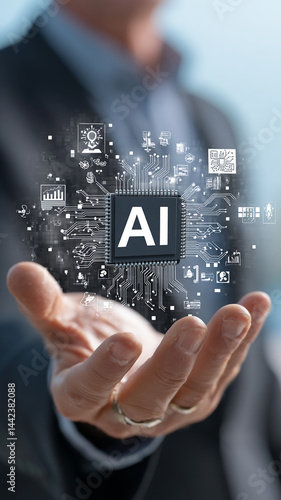 Businessman holding an artificial intelligence chip with the text 