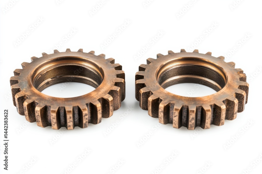 Two bronze gears on white base Two bronze gears on white base
