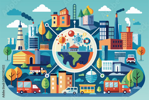 Bright and dynamic urban illustration showcasing diverse city elements and symbols of infrastructure and industry within a colorful landscape.