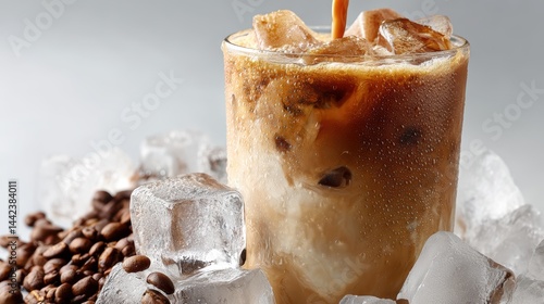 a fresh cup of ice coffee with milk and ice cubes on a white isolated background, refreshing and energizing design