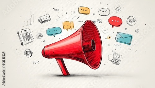 A red megaphone with speech bubbles, emails, and documents symbolizes communication and spreading information.